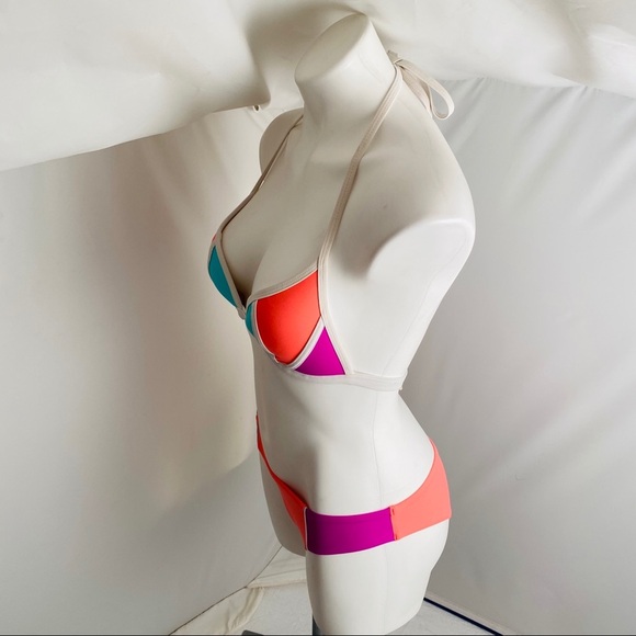 Victoria’s Secret PINK neon bikini coral aqua purple colorblock S/M - Picture 3 of 16